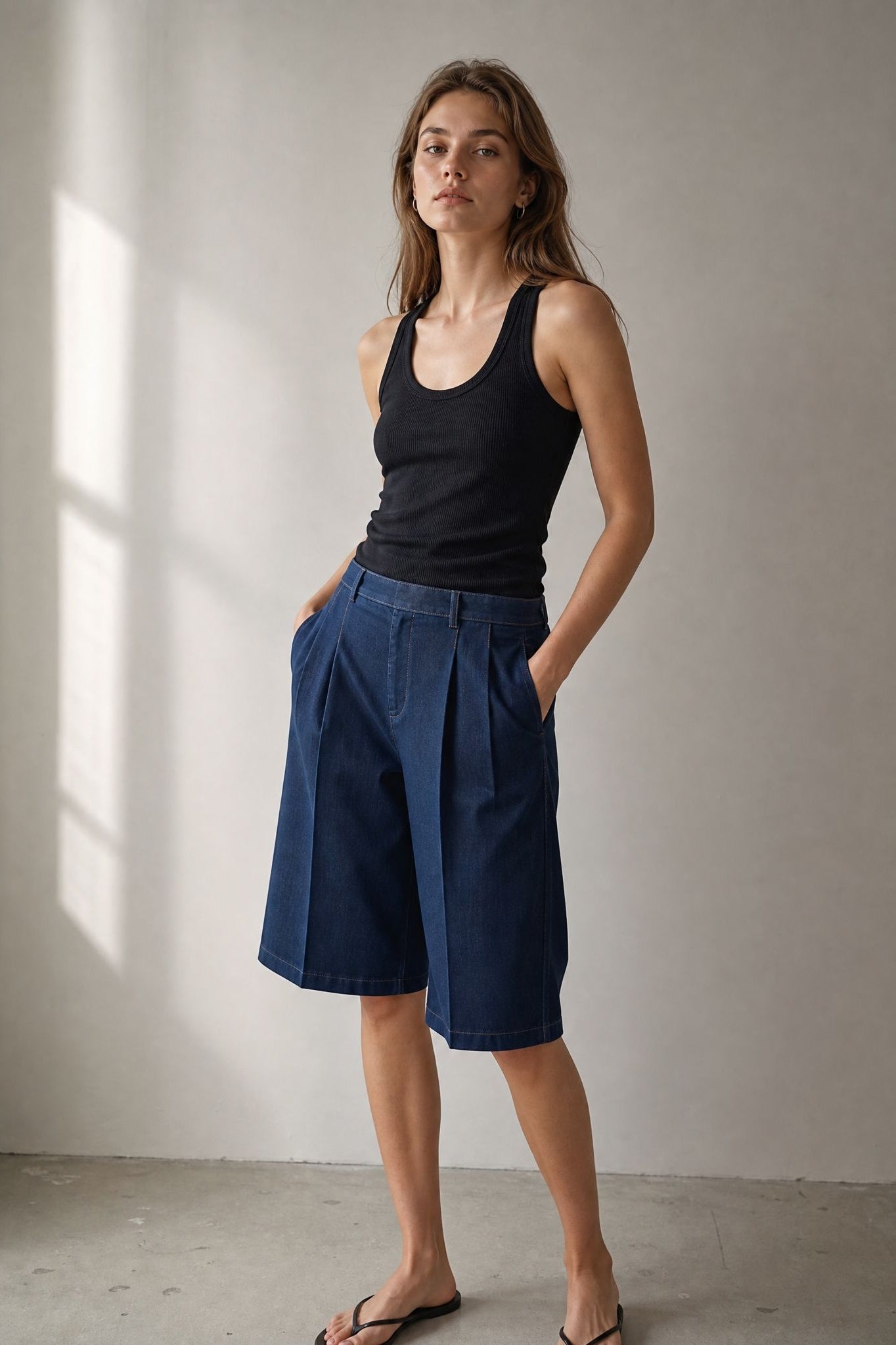 02. Short Bermuda fluide effet denim à plis taille haute