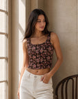 Top fleuri en coton boutonné dos smocké