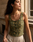 Top fleuri en coton boutonné dos smocké
