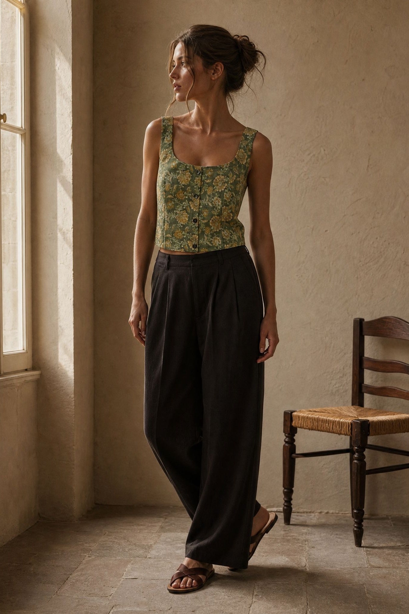 Top fleuri en coton boutonné dos smocké