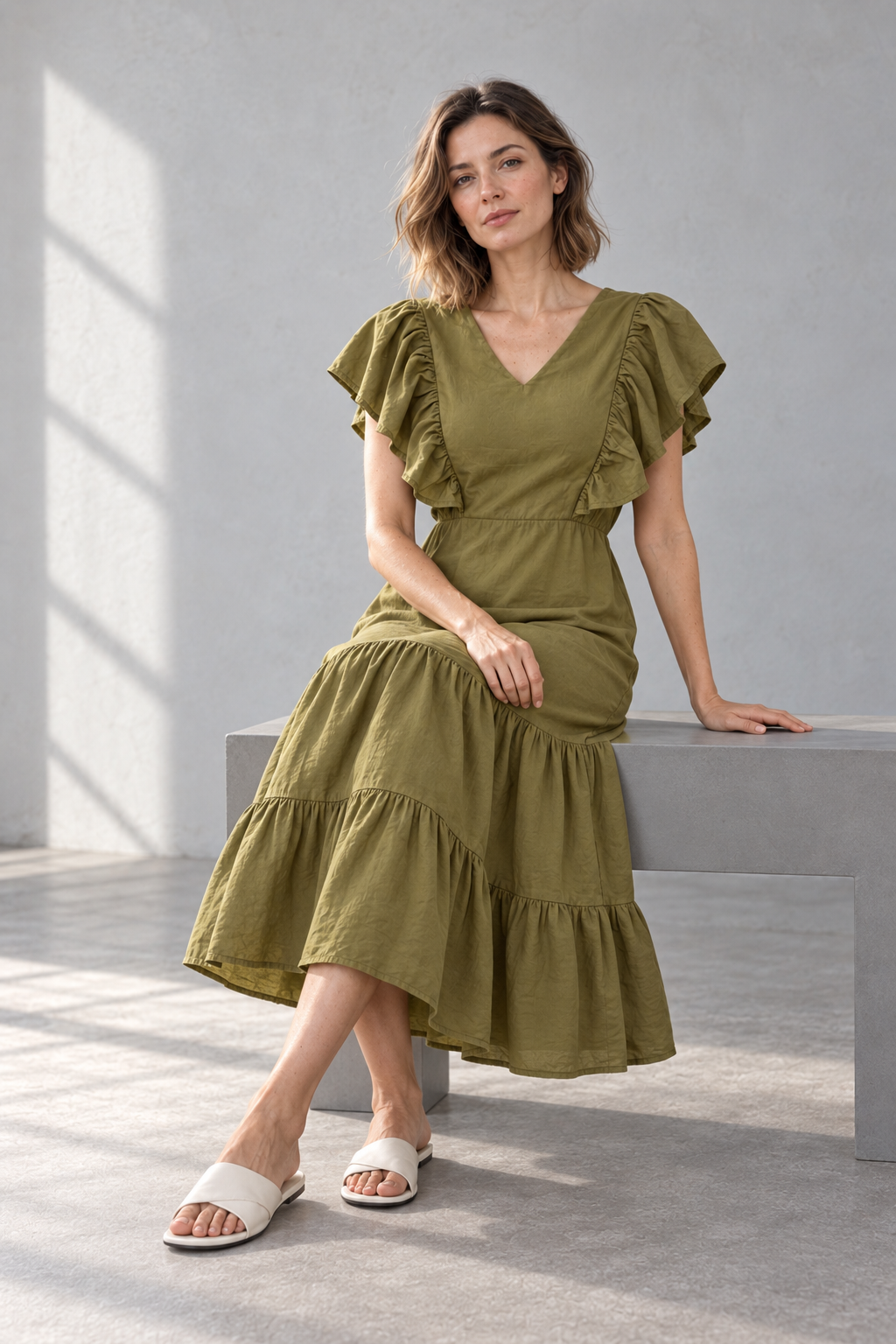 Robe midi évasée col V manches volantées