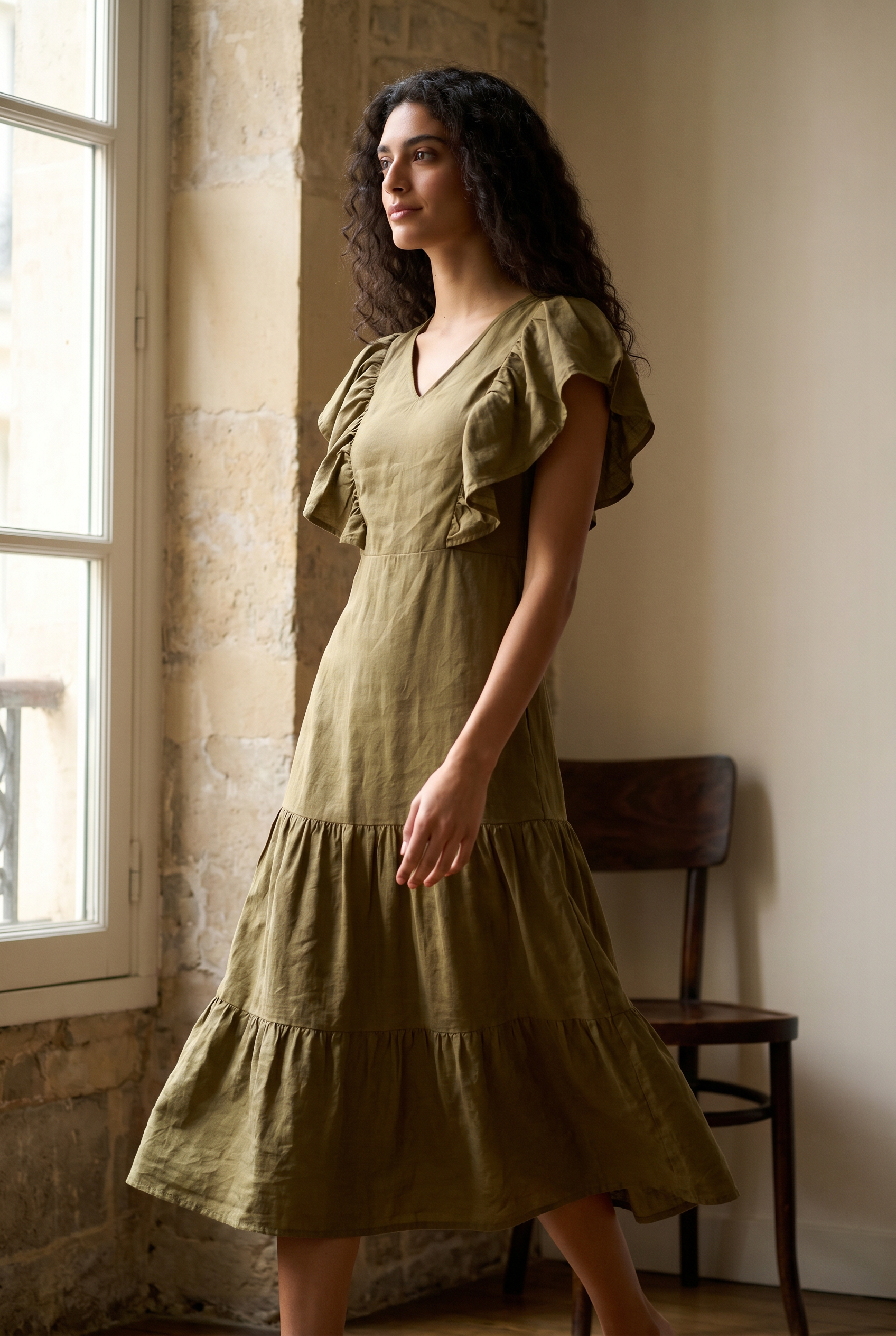 Robe midi évasée col V manches volantées