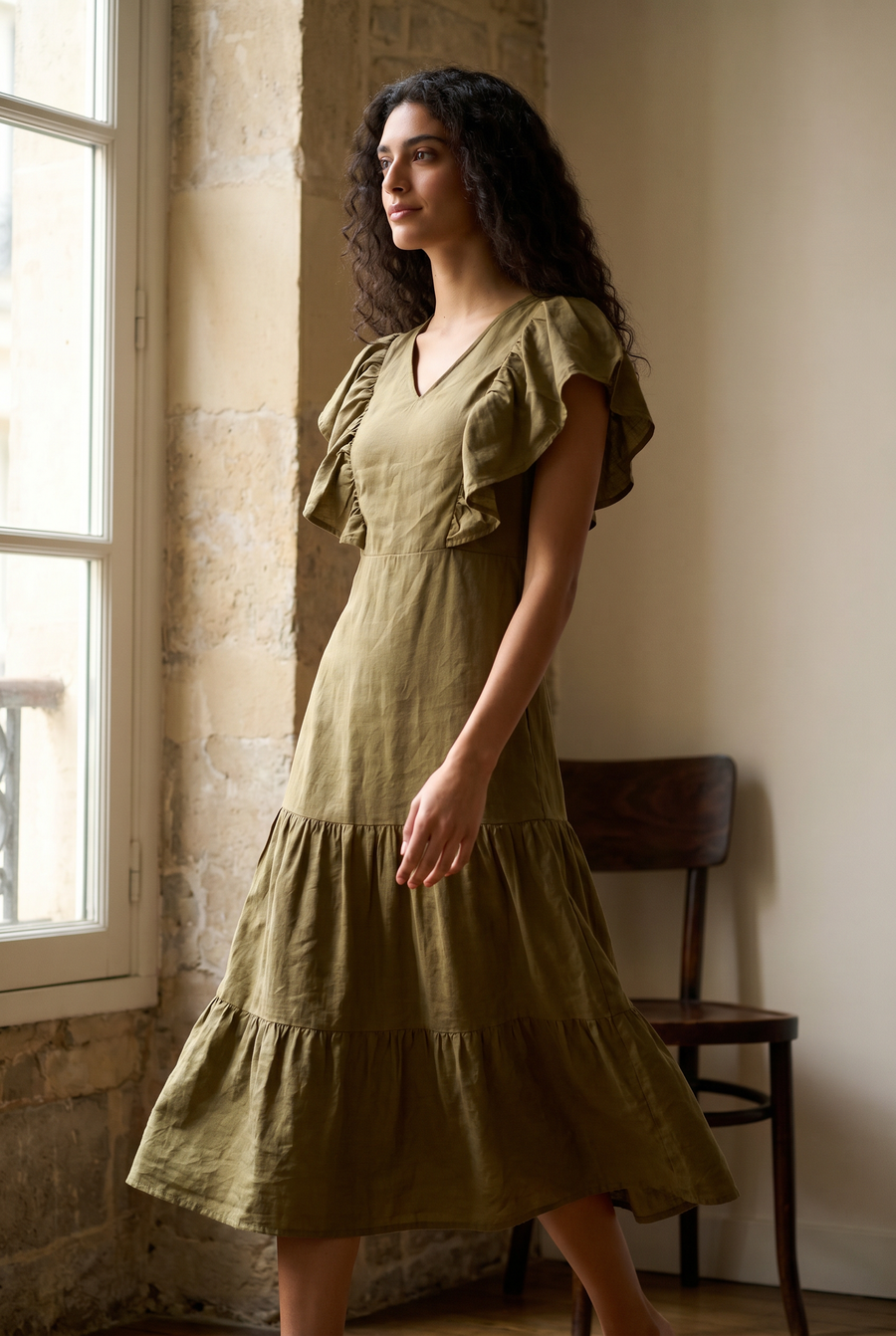 Robe midi évasée col V manches volantées