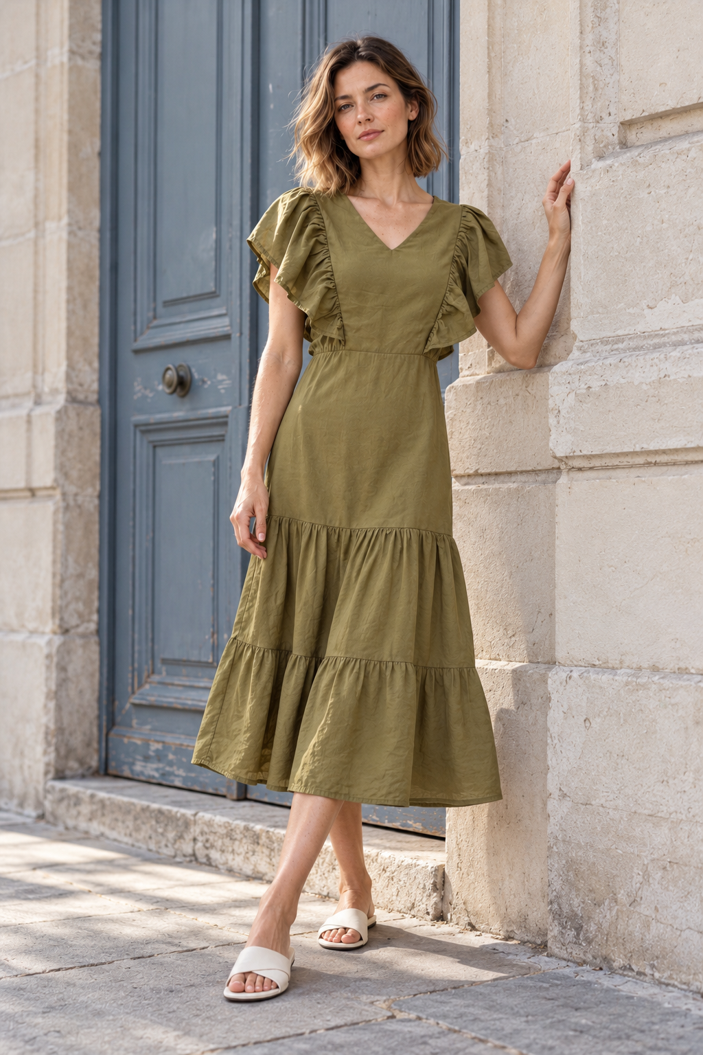 Robe midi évasée col V manches volantées