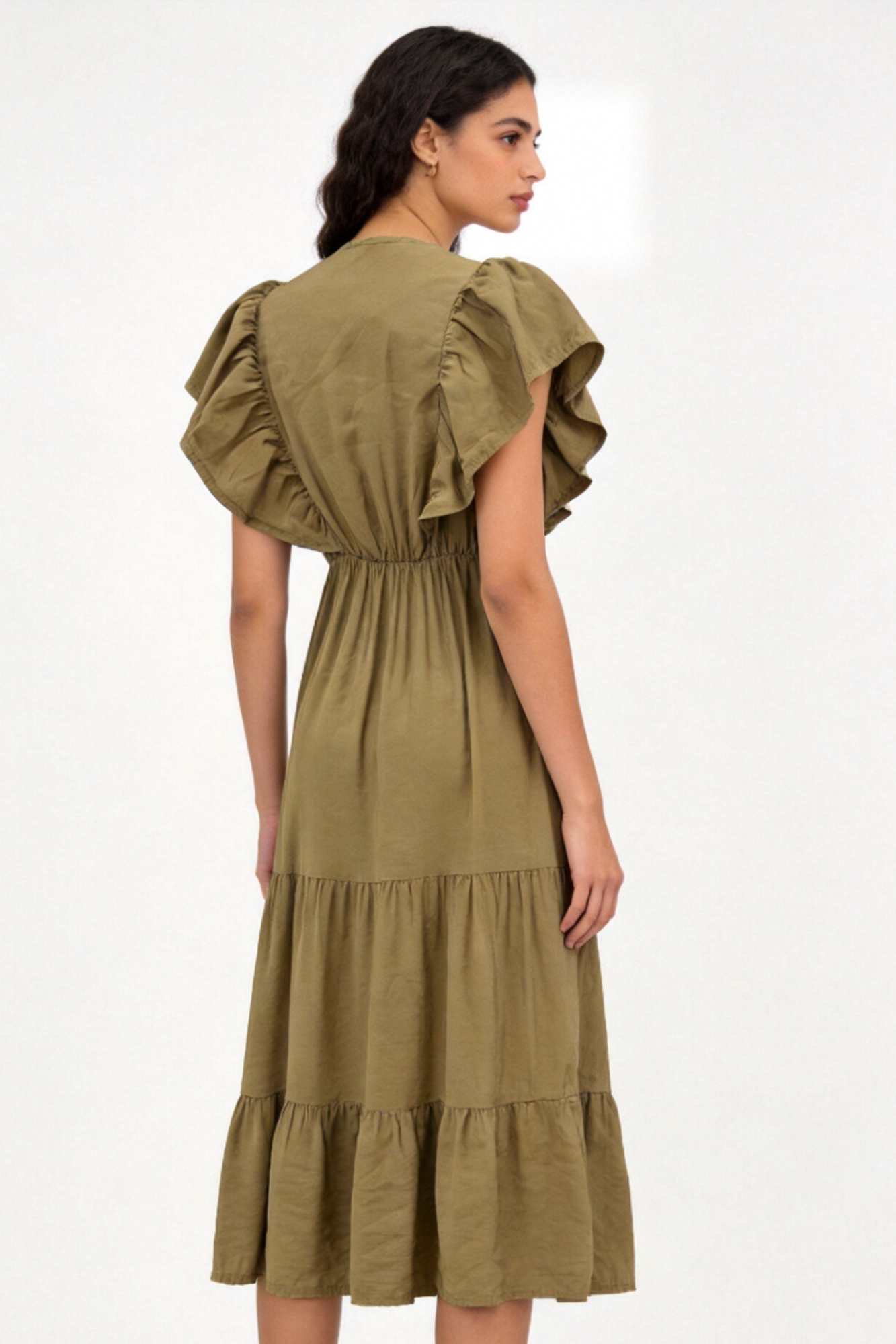 Robe midi évasée col V manches volantées