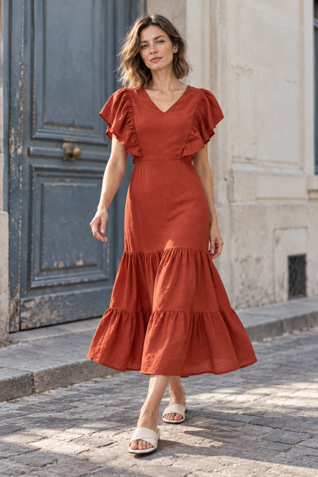 Robe midi évasée col V manches volantées