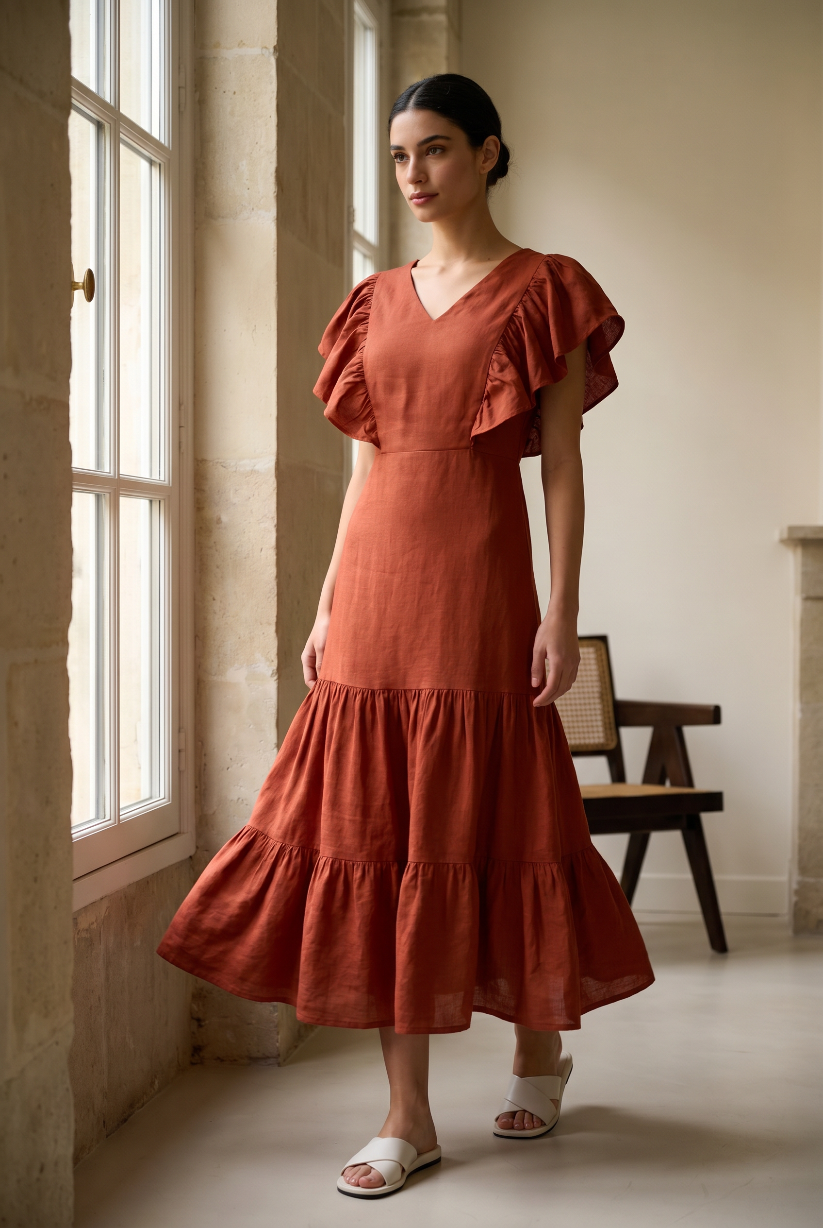 Robe midi évasée col V manches volantées