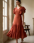 Robe midi évasée col V manches volantées