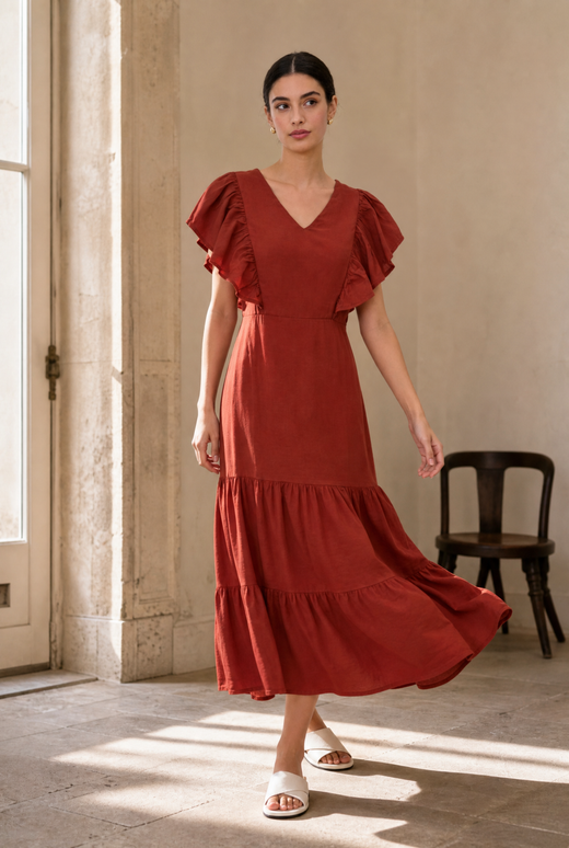 Robe midi évasée col V manches volantées
