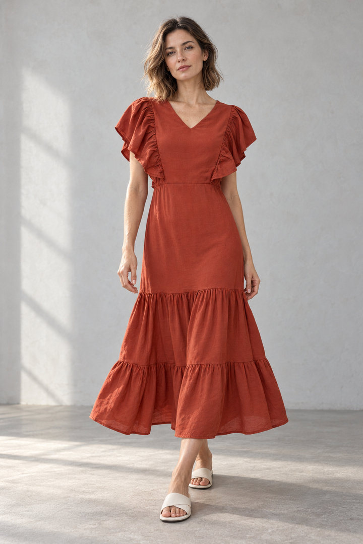 Robe midi évasée col V manches volantées