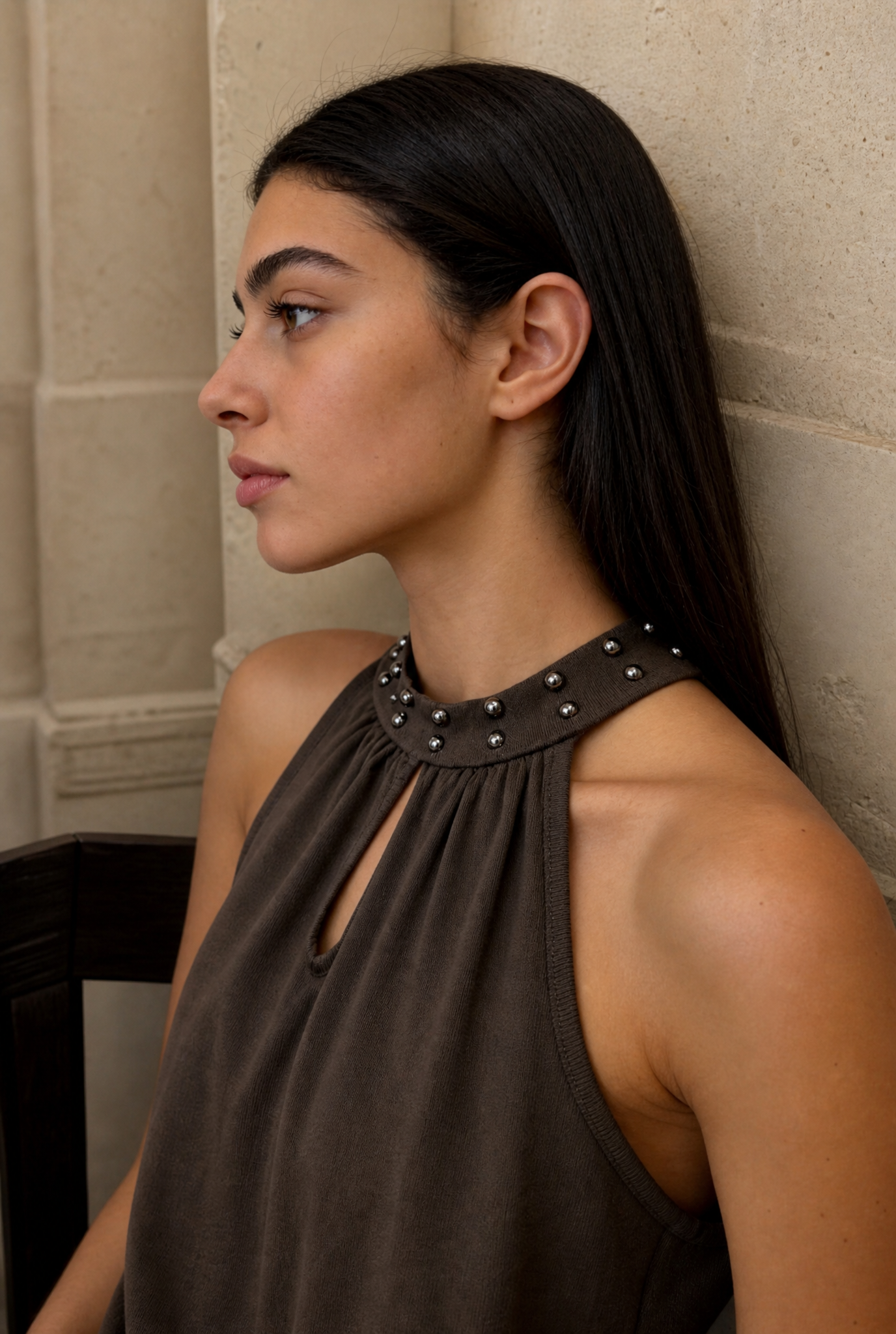 Top halter col montant clouté en coton