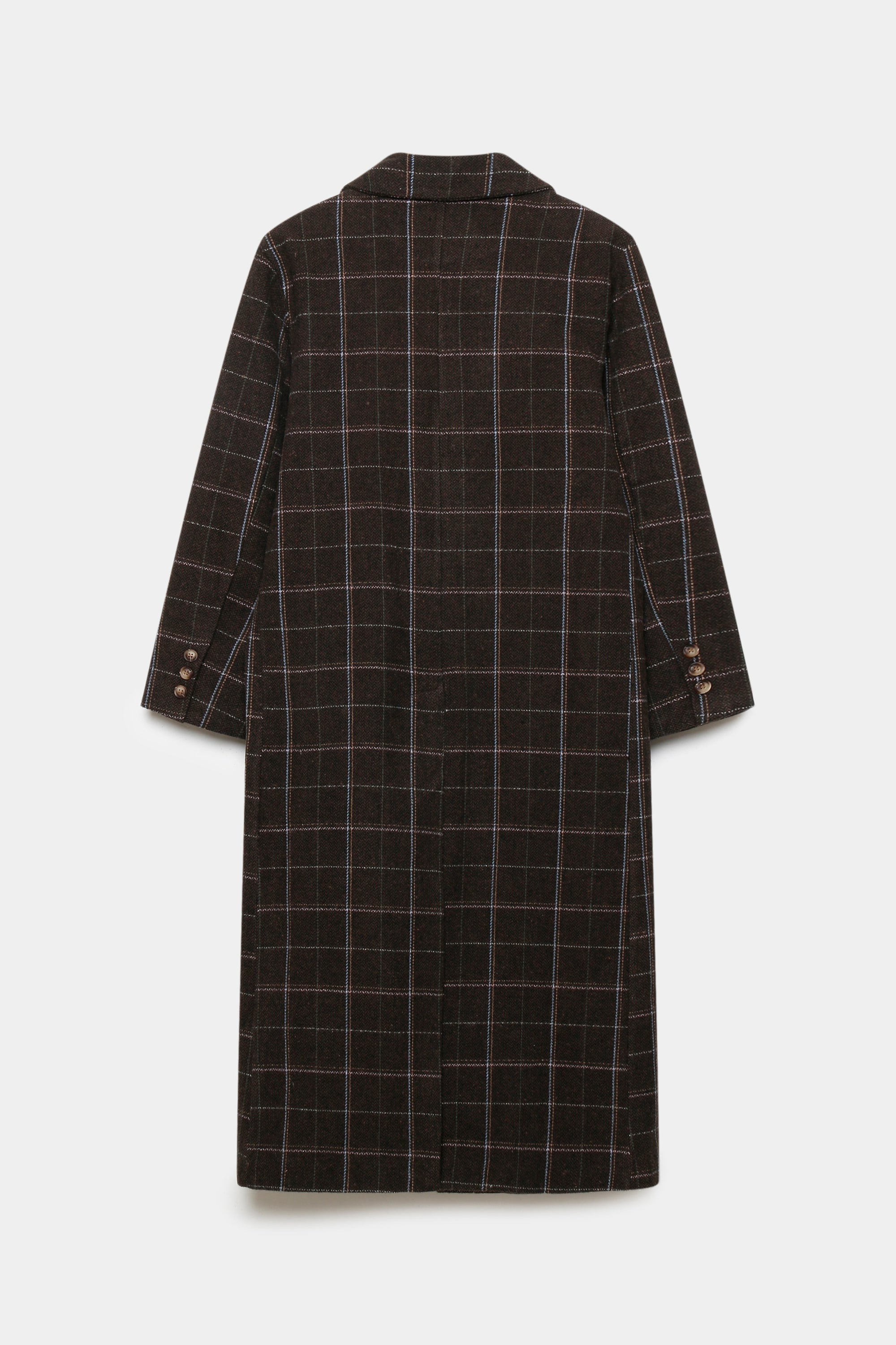 Vue arrière d'un manteau long croisé femme en coton mélangé marron, montrant la finition soignée et la conception soignée. Manteau long croisé femme en coton mélangé marron.