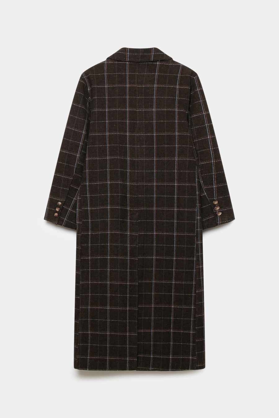 Vue arrière d'un manteau long croisé femme en coton mélangé marron, montrant la finition soignée et la conception soignée. Manteau long croisé femme en coton mélangé marron.