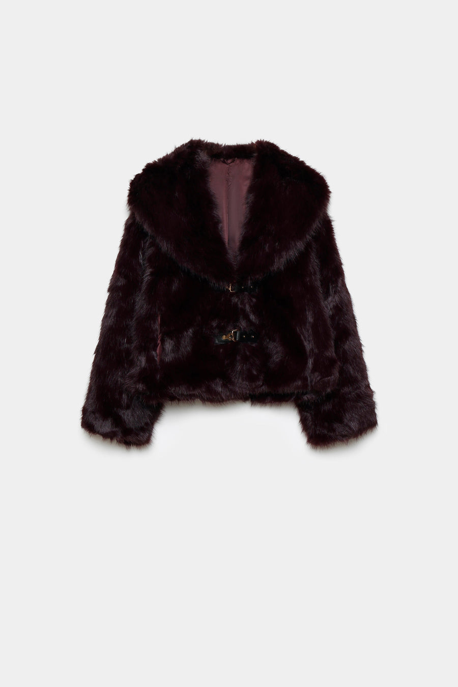 Veste en fausse fourrure élégante pour femme – Coupe courte, teinte bordeaux, pour un look hivernal affirmé. Veste fausse fourrure stylée.