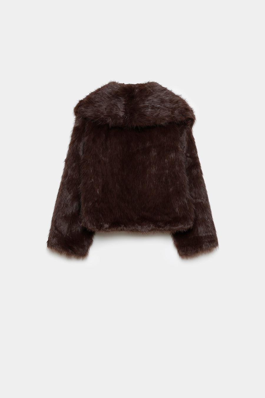 Veste en fausse fourrure élégante pour femme – Coupe courte, vue arrière en marron, parfaite pour l'hiver. Veste fausse fourrure stylée.
