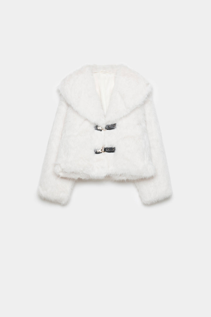 Veste en fausse fourrure élégante pour femme – Coupe courte, couleur blanche, ajoutant une touche de chic à toute tenue. Veste fausse fourrure stylée.