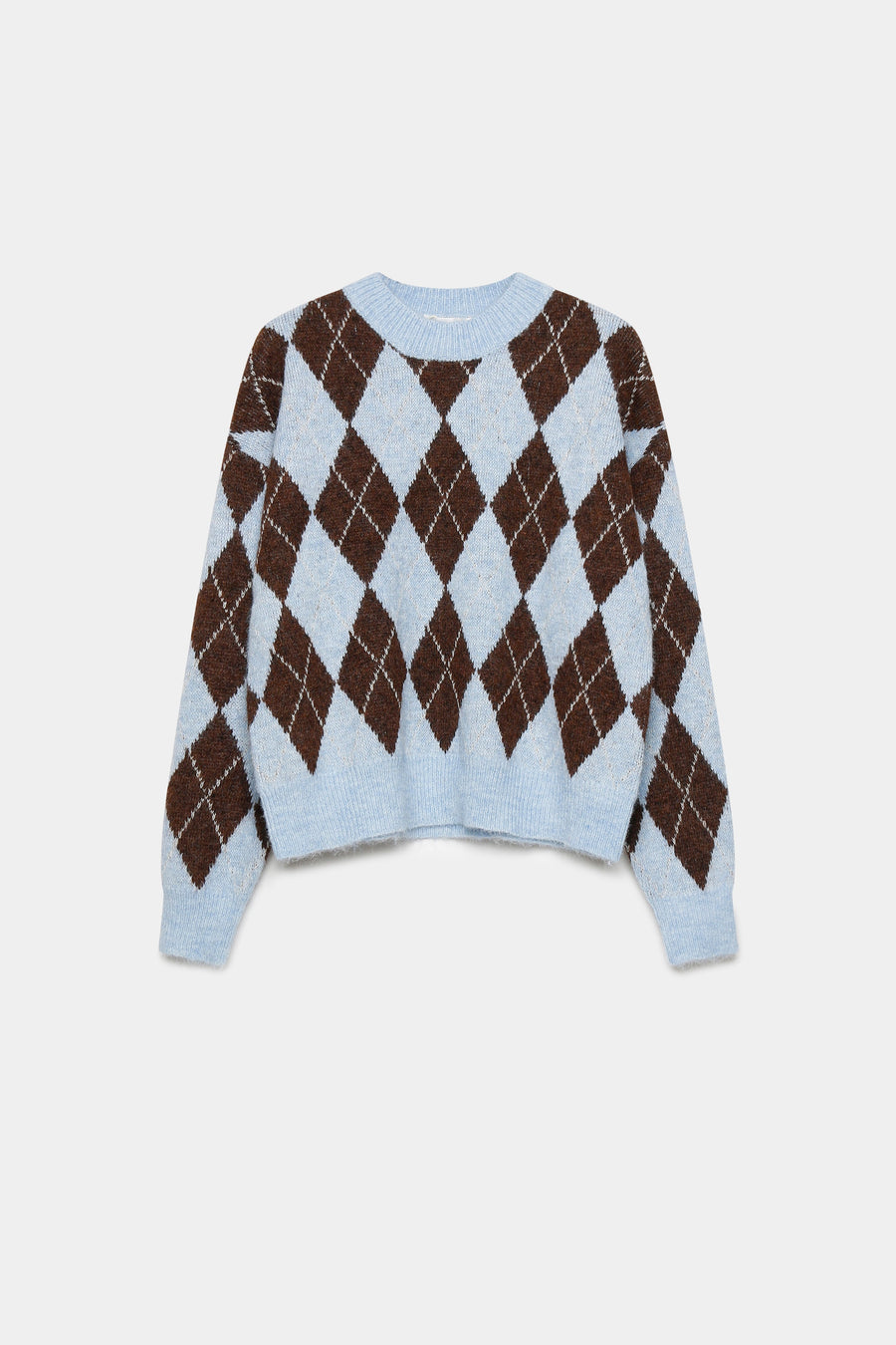 Pull en maille femme à losanges bleu clair, col rond, parfait pour des tenues élégantes au quotidien.