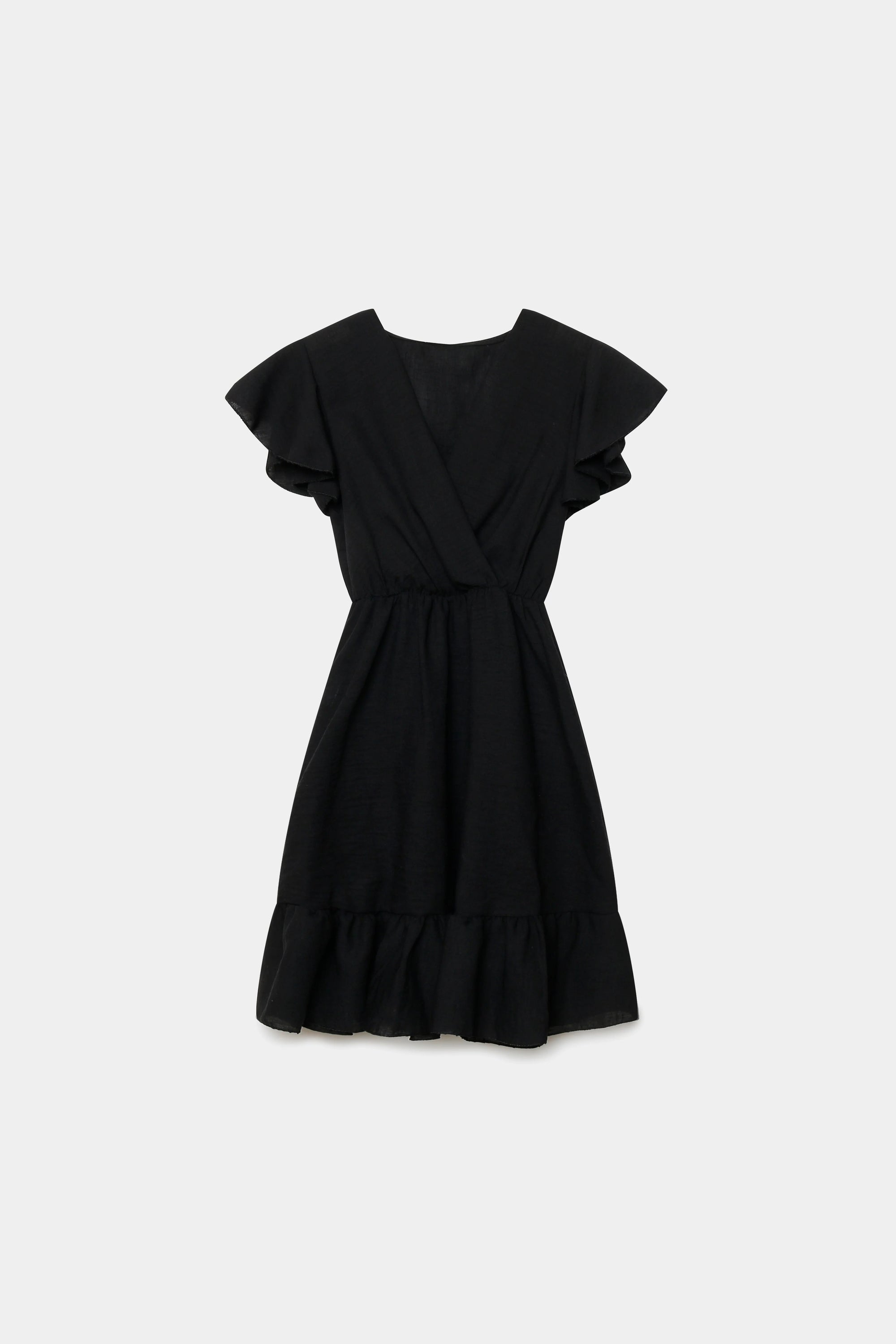 Robe fluide manches courtes en polyester légère — coupe féminine, modèle noire, vue de face.