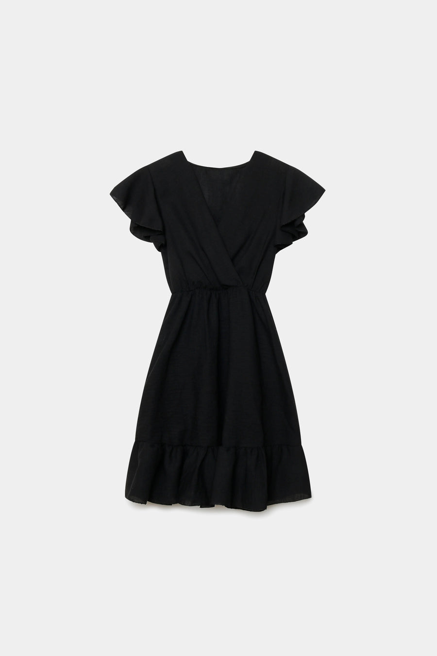 Robe fluide manches courtes en polyester légère — coupe féminine, modèle noire, vue de face.