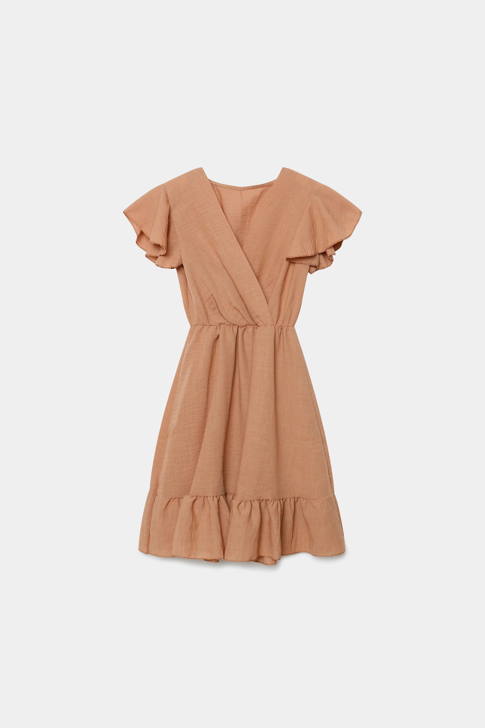 Robe fluide manches courtes en polyester légère — coupe féminine, modèle terracotta présentée sur un fond neutre.