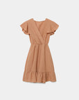 Robe fluide manches courtes en polyester légère — coupe féminine, modèle terracotta présentée sur un fond neutre.
