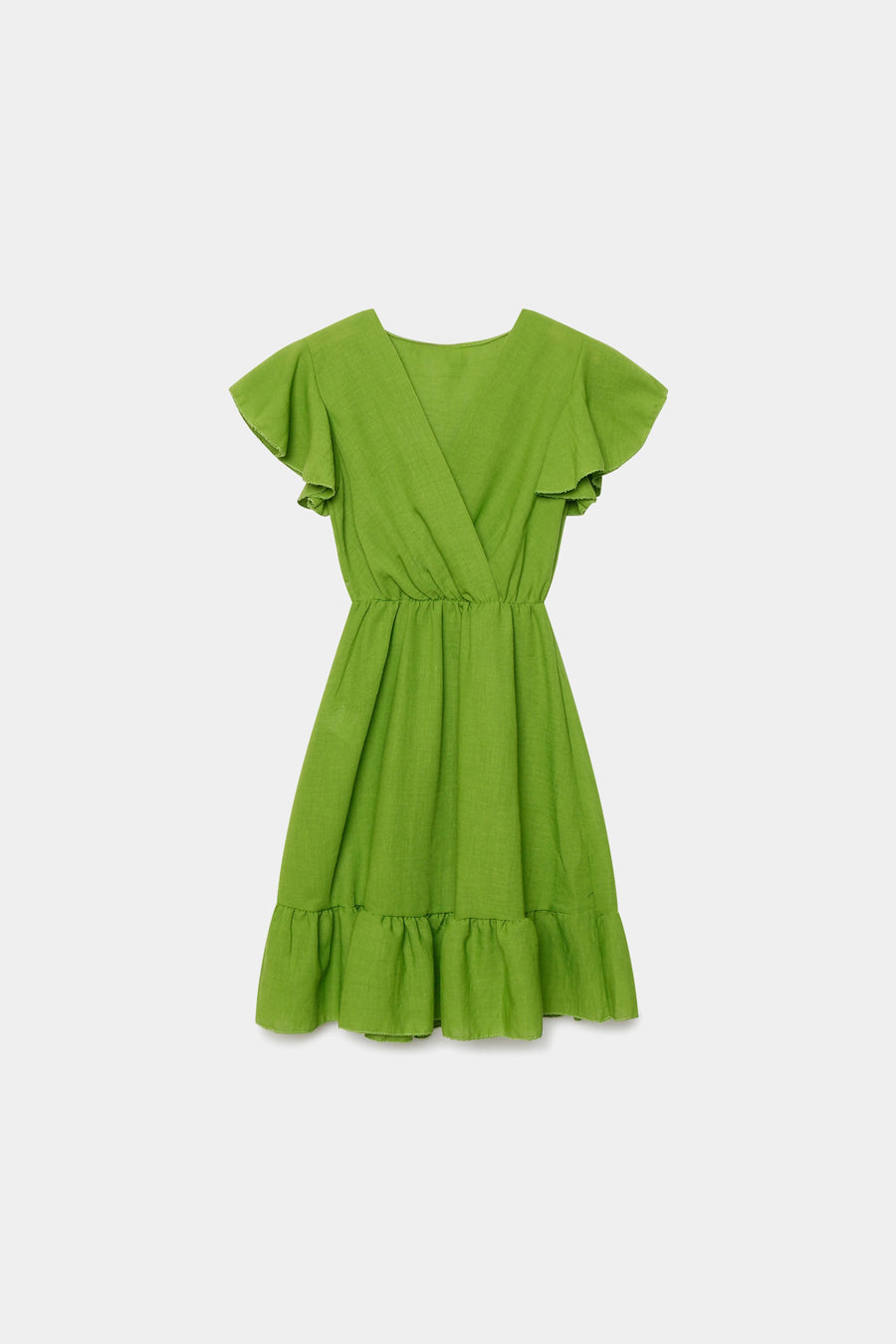 Robe fluide manches courtes en polyester légère — coupe féminine, modèle vert, sur un fond blanc.