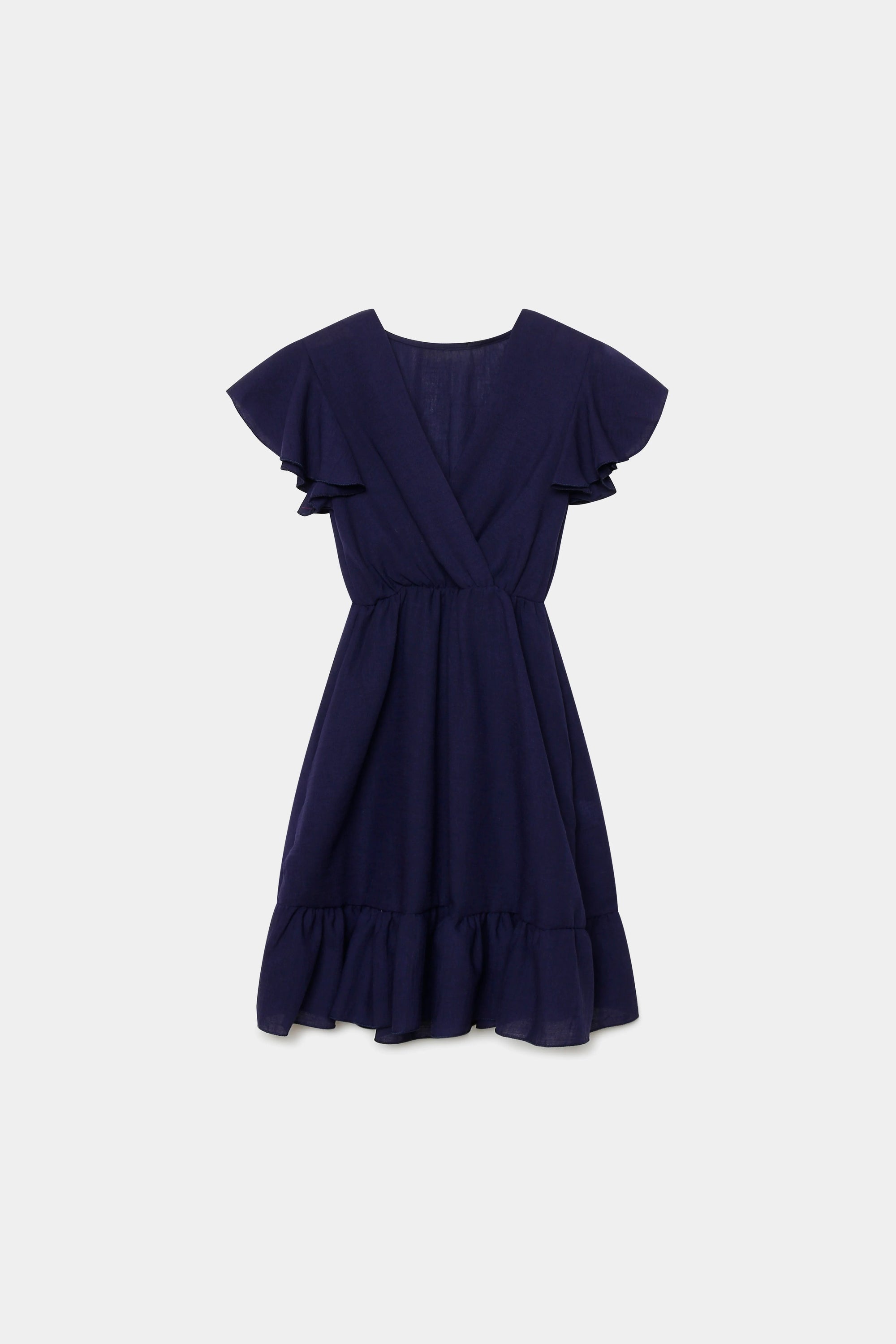 Robe fluide manches courtes en polyester légère — coupe féminine, modèle bleu marine, sur fond blanc.