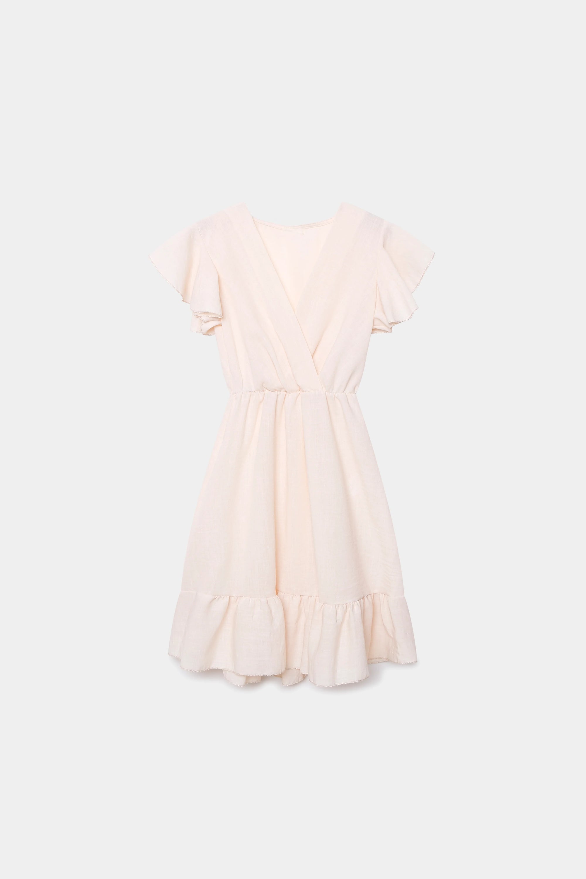 Robe fluide manches courtes en polyester légère — coupe féminine, modèle rose clair, présentée de face.