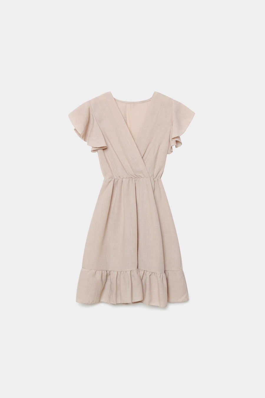 Robe fluide manches courtes en polyester légère — coupe féminine, modèle beige sur fond blanc.
