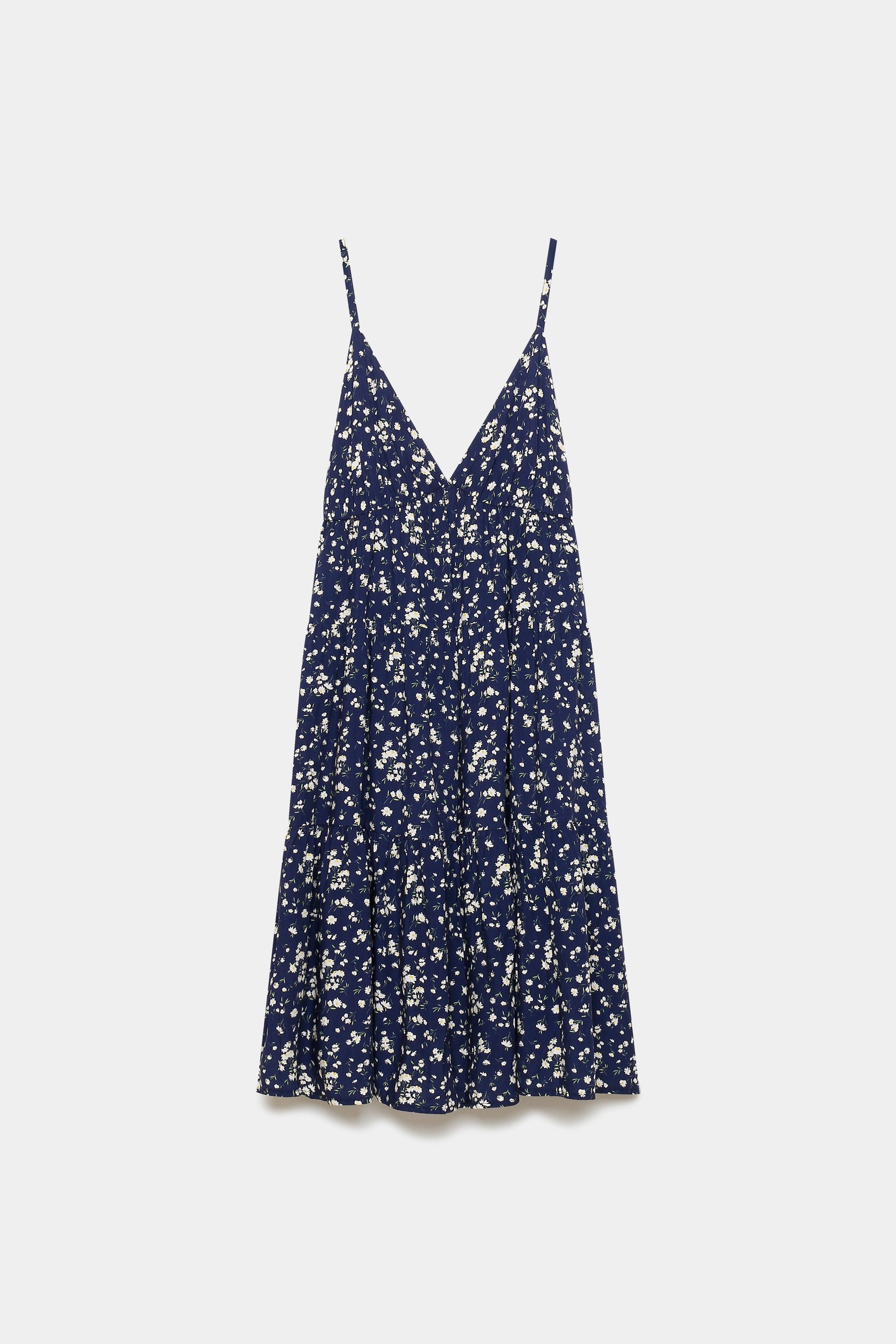 Robe fluide en viscose à bretelles fines, vue de face, couleur marine avec motif floral.