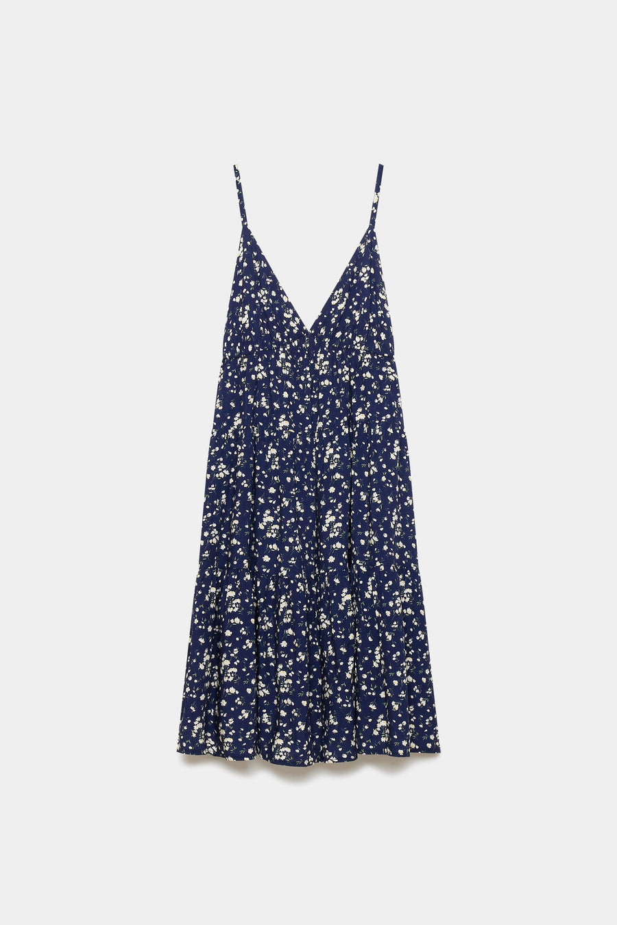 Robe fluide en viscose à bretelles fines, vue de face, couleur marine avec motif floral.