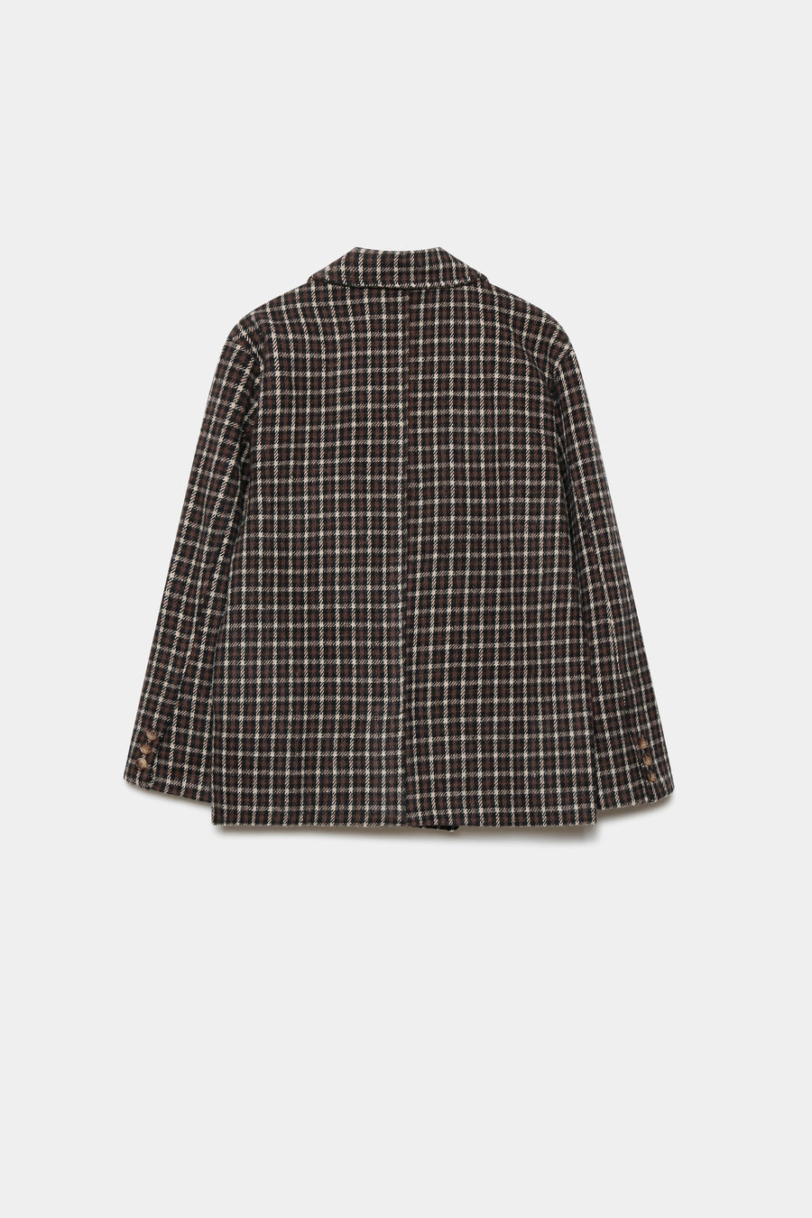 Blazer coton femme bordeaux et marron, coupe élégante, posé sur un fond uni, illustrant le plaid classique et élégant