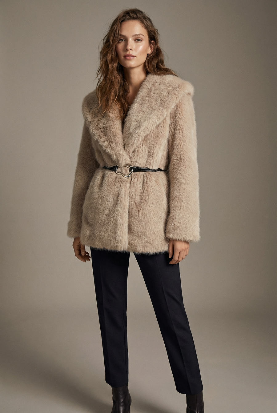 Manteau ceinturé femme – Fausse fourrure – Coupe élégante vue de profil