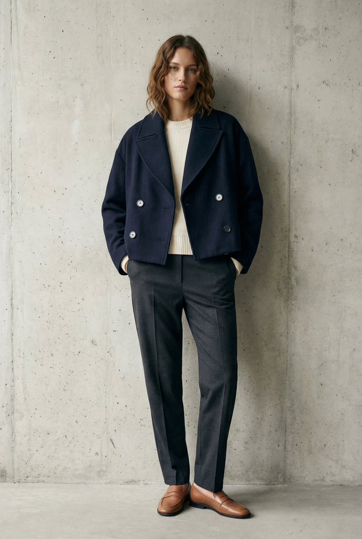 Manteau court bleu marine col revers
