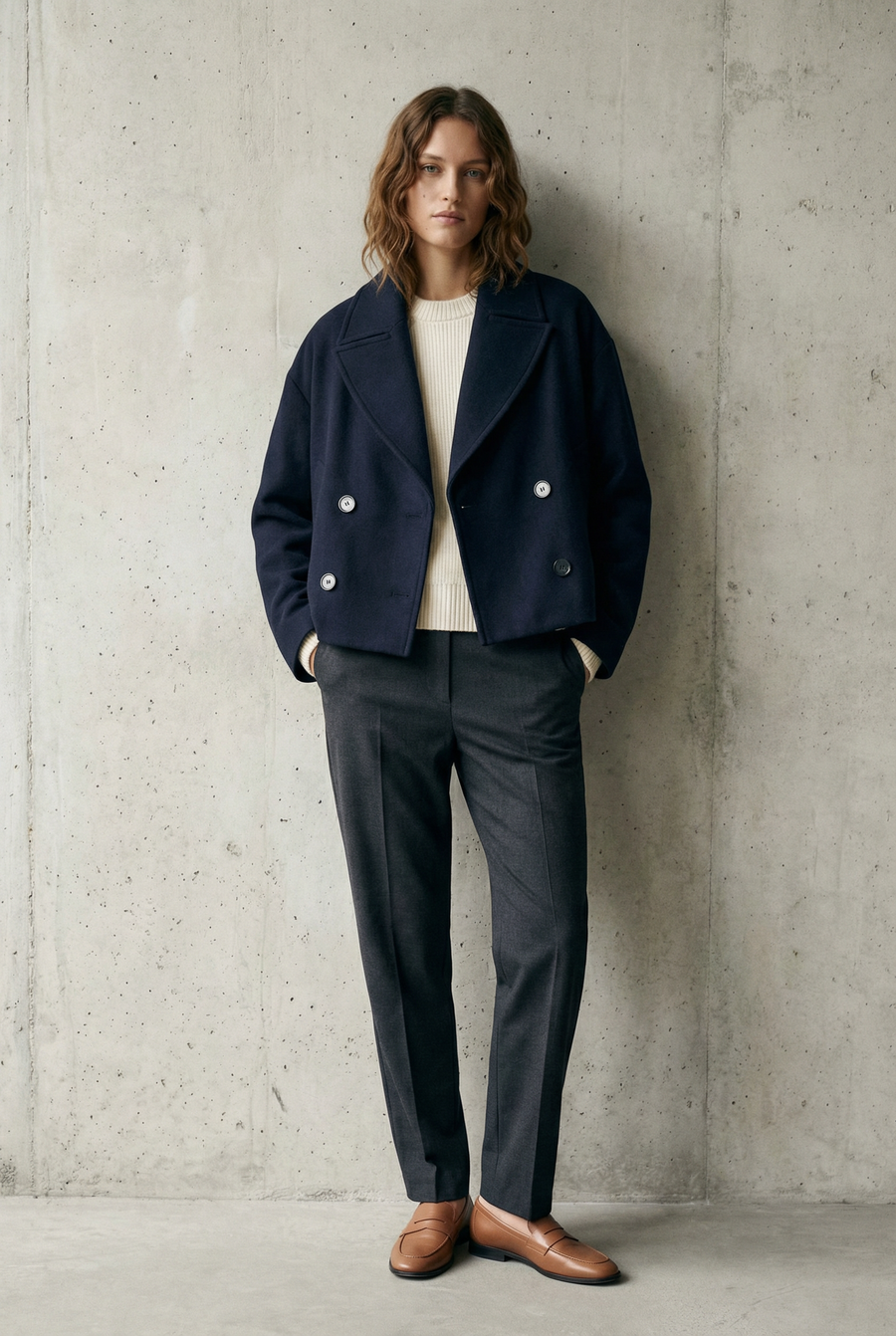 Manteau court bleu marine col revers