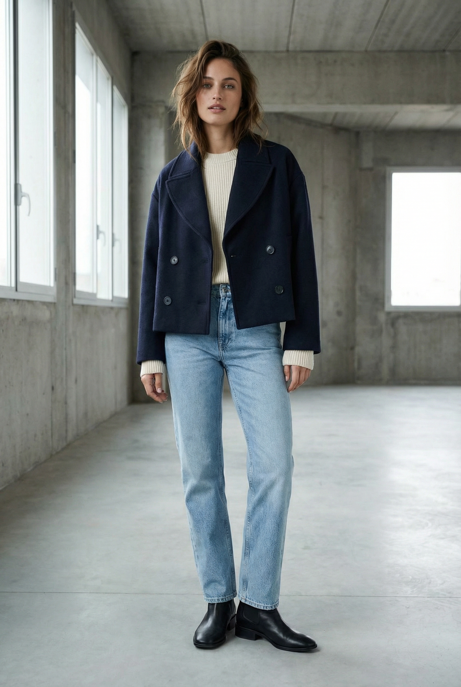 Manteau court bleu marine col revers