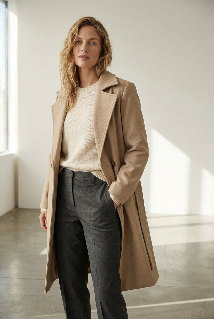 Manteau croisé femme élégant – Coupe droite ceinturée vue 11