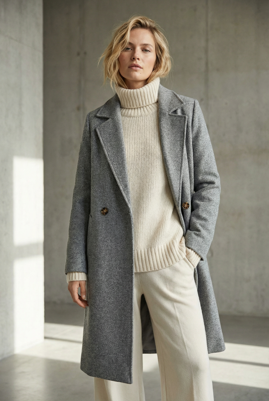 Manteau croisé femme élégant – Coupe droite ceinturée vue de profil