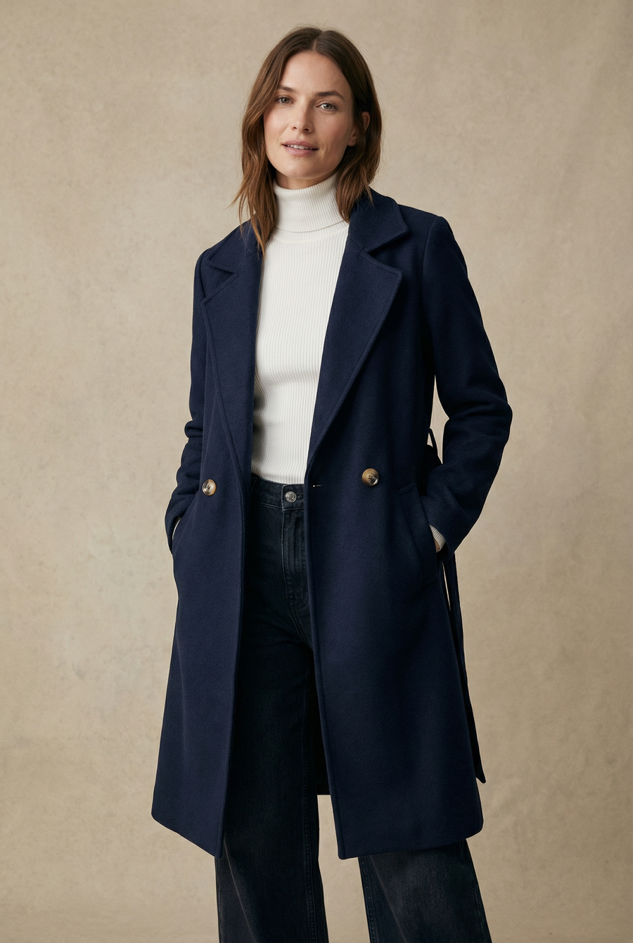 Manteau croisé femme élégant – Coupe droite ceinturée