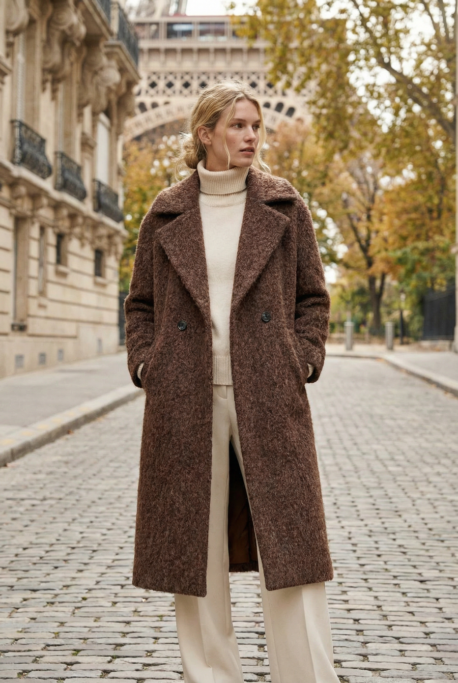 Manteau long effet fourrure synthétique – Coupe droite doublée – Col tailleur