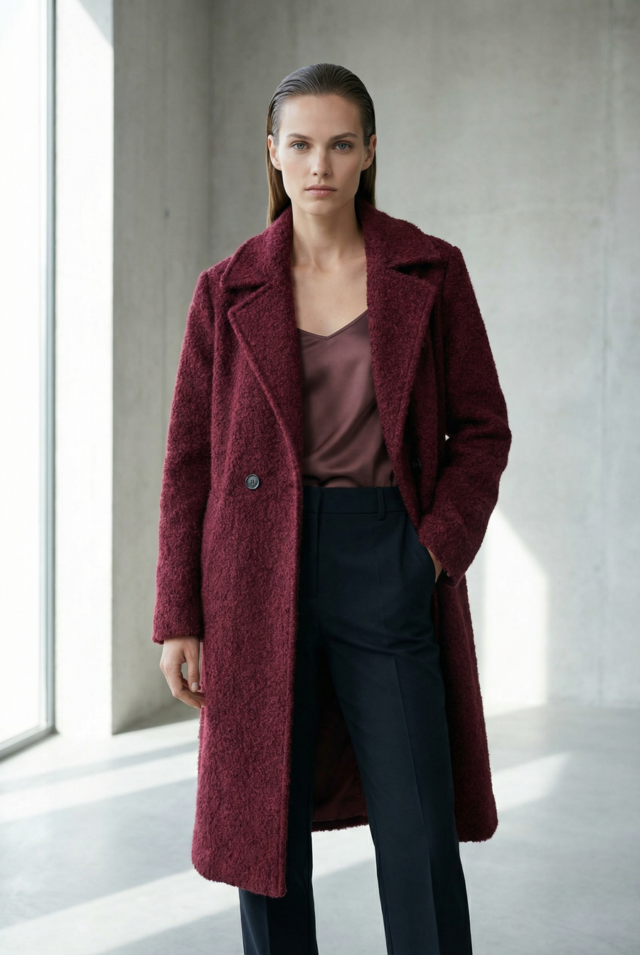 Manteau long effet fourrure synthétique – Coupe droite doublée – Col tailleur