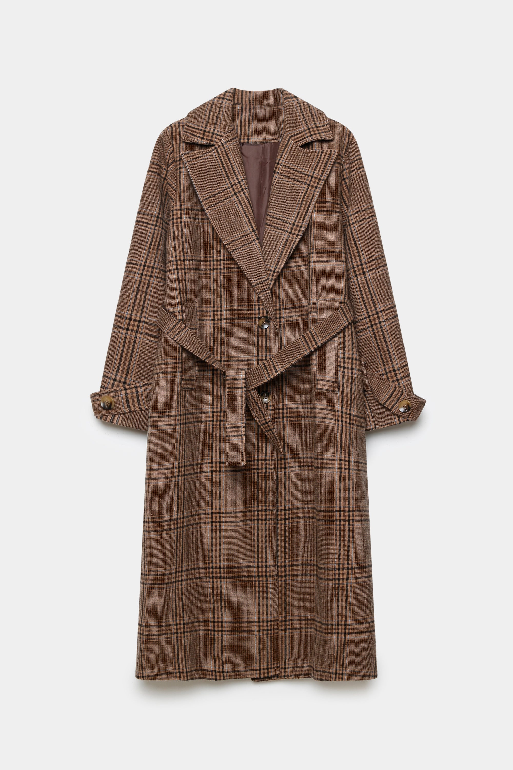 Manteau long femme en coton coupe ceinturée, exposé à plat sur un fond uni, mettant en évidence le motif à carreaux marron et la ceinture.