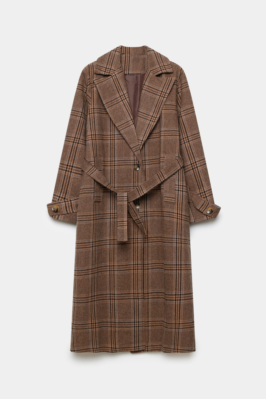 Manteau long femme en coton coupe ceinturée, exposé à plat sur un fond uni, mettant en évidence le motif à carreaux marron et la ceinture.