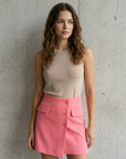 Minifalda asimétrica rosa coral para mujer con bolsillos - Tendencia de cintura alta
