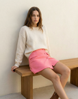Minifalda asimétrica rosa coral para mujer con bolsillos - Tendencia de cintura alta
