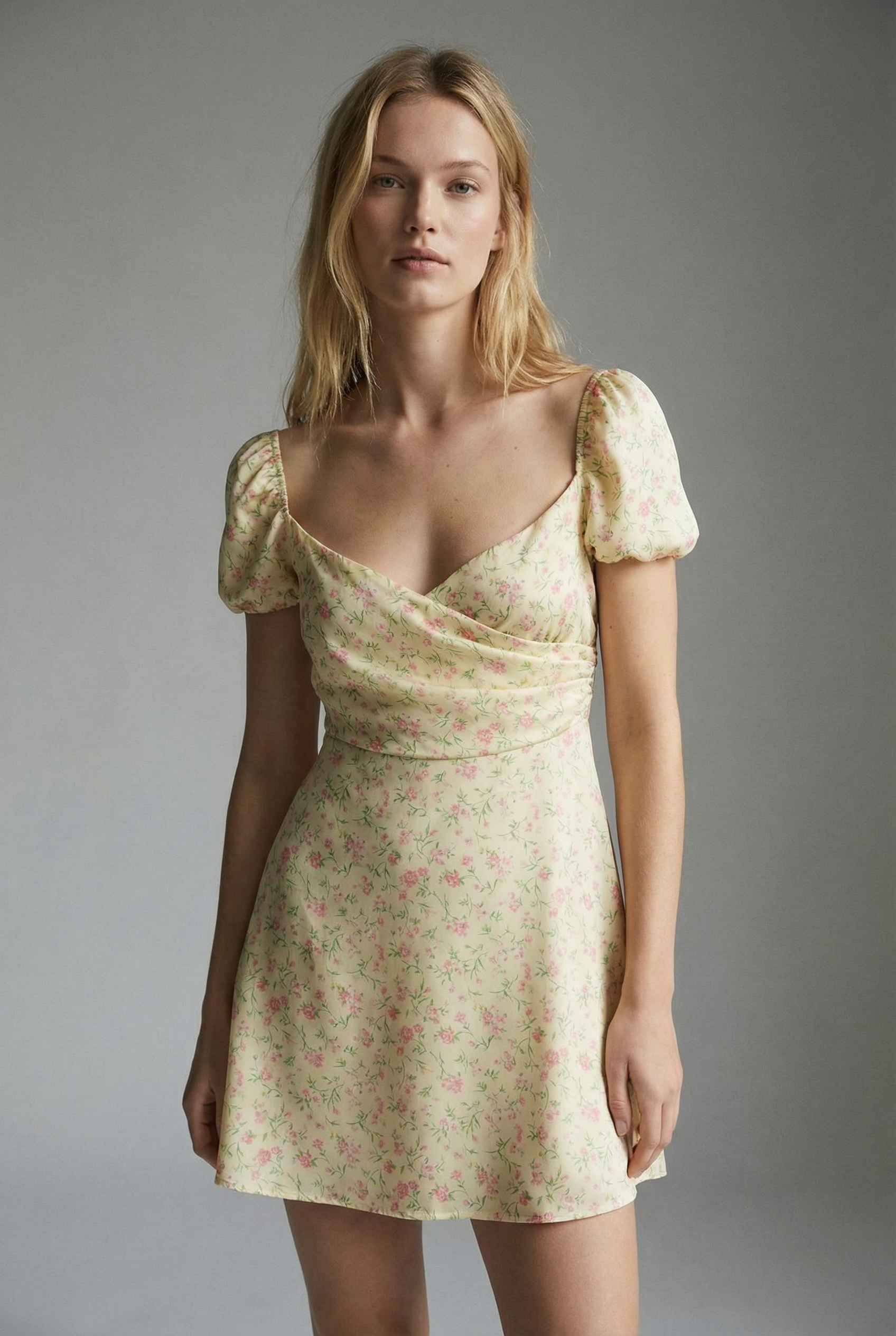 Minivestido romántico con estampado floral amarillo pálido, escote corazón y mangas abullonadas