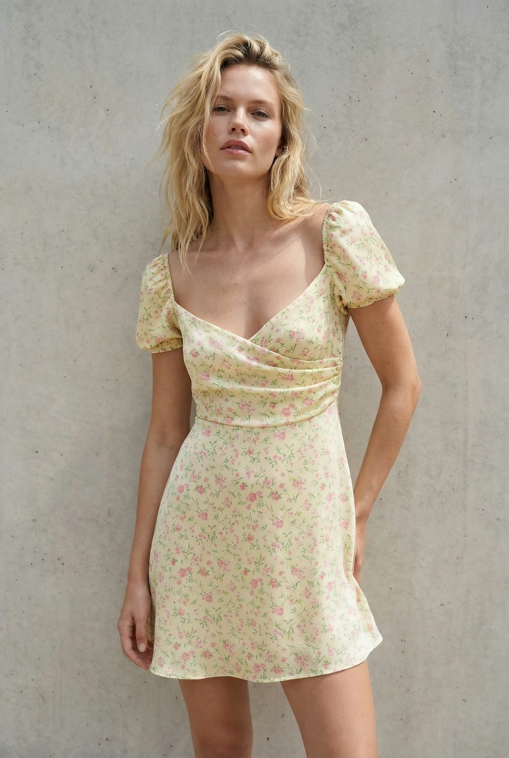 Minivestido romántico con estampado floral amarillo pálido, escote corazón y mangas abullonadas
