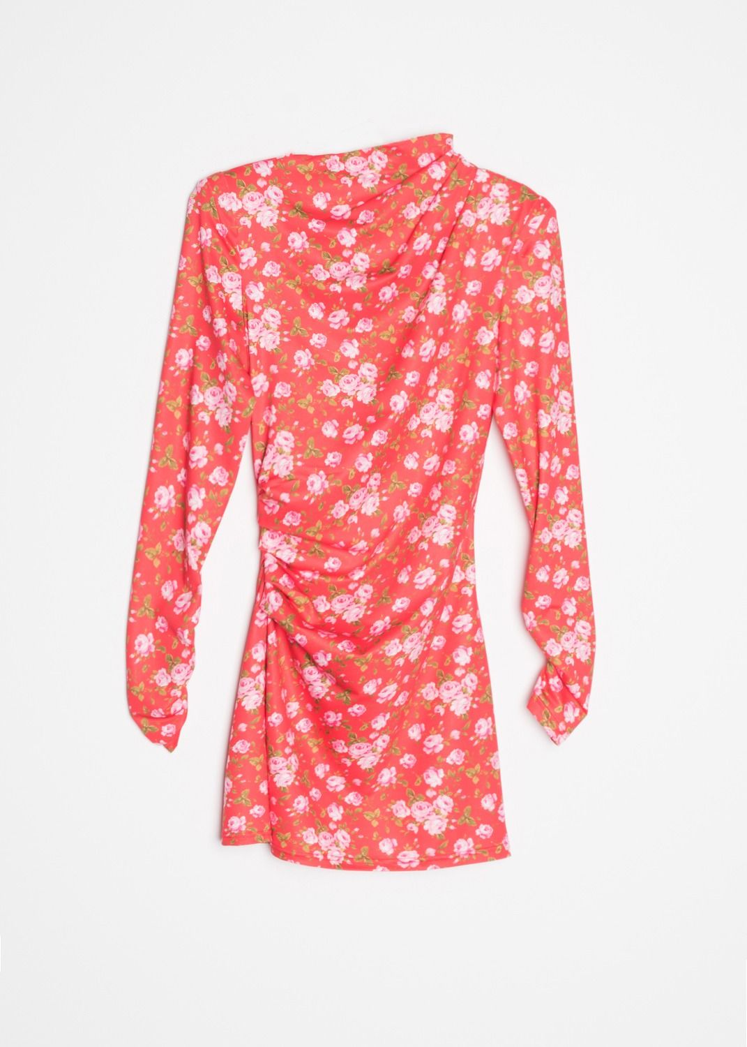 Vue arrière d'une robe fluide élégante imprimé floral rouge, mini robe moulante, mettant en valeur la coupe stylée et les motifs colorés.