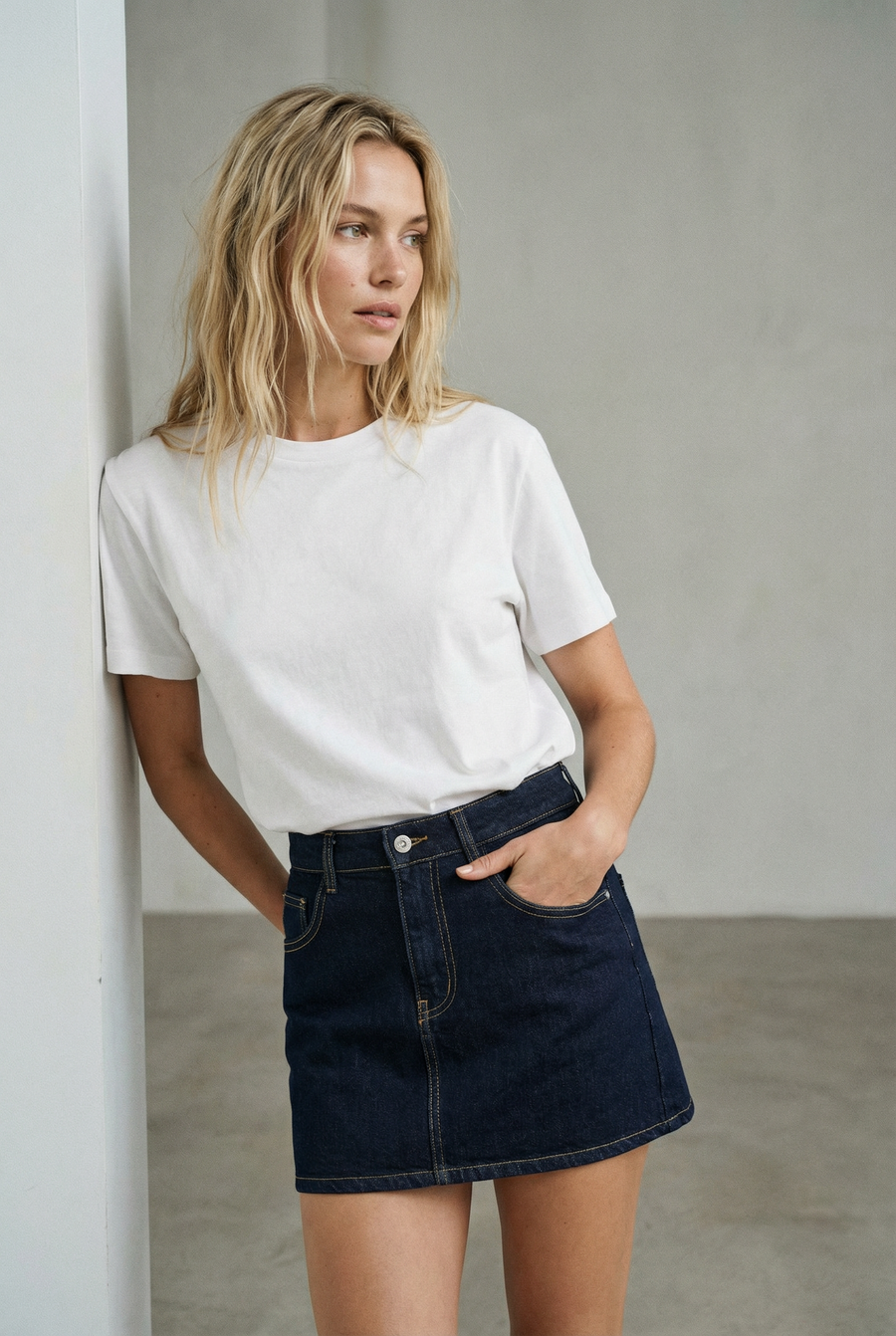 Femme portant une mini jupe en jean tendance, coupe courte, associée à un t-shirt blanc pour un look décontracté.