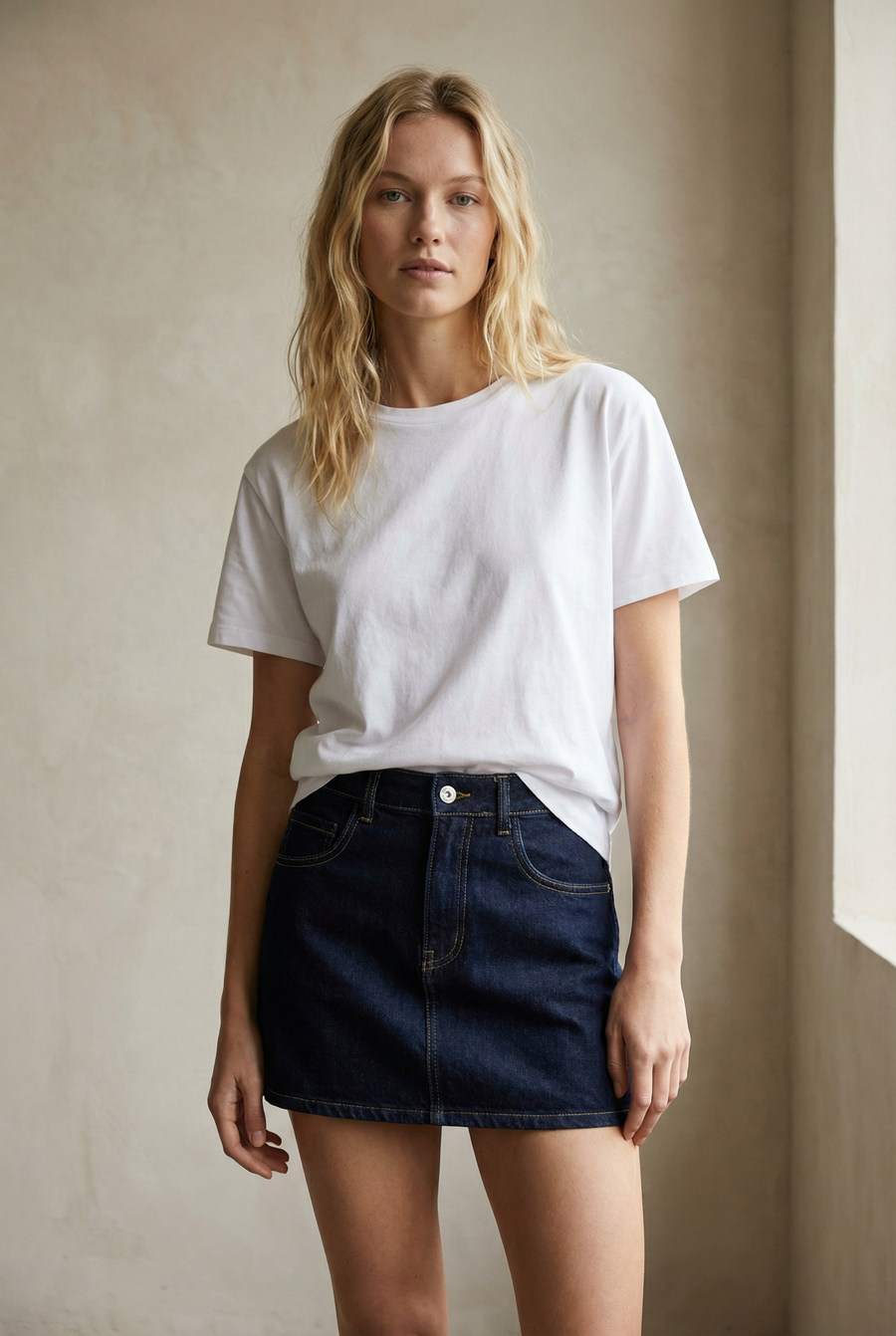 Femme se tenant dans une belle lumière naturelle, portant une mini jupe en jean avec un t-shirt blanc.